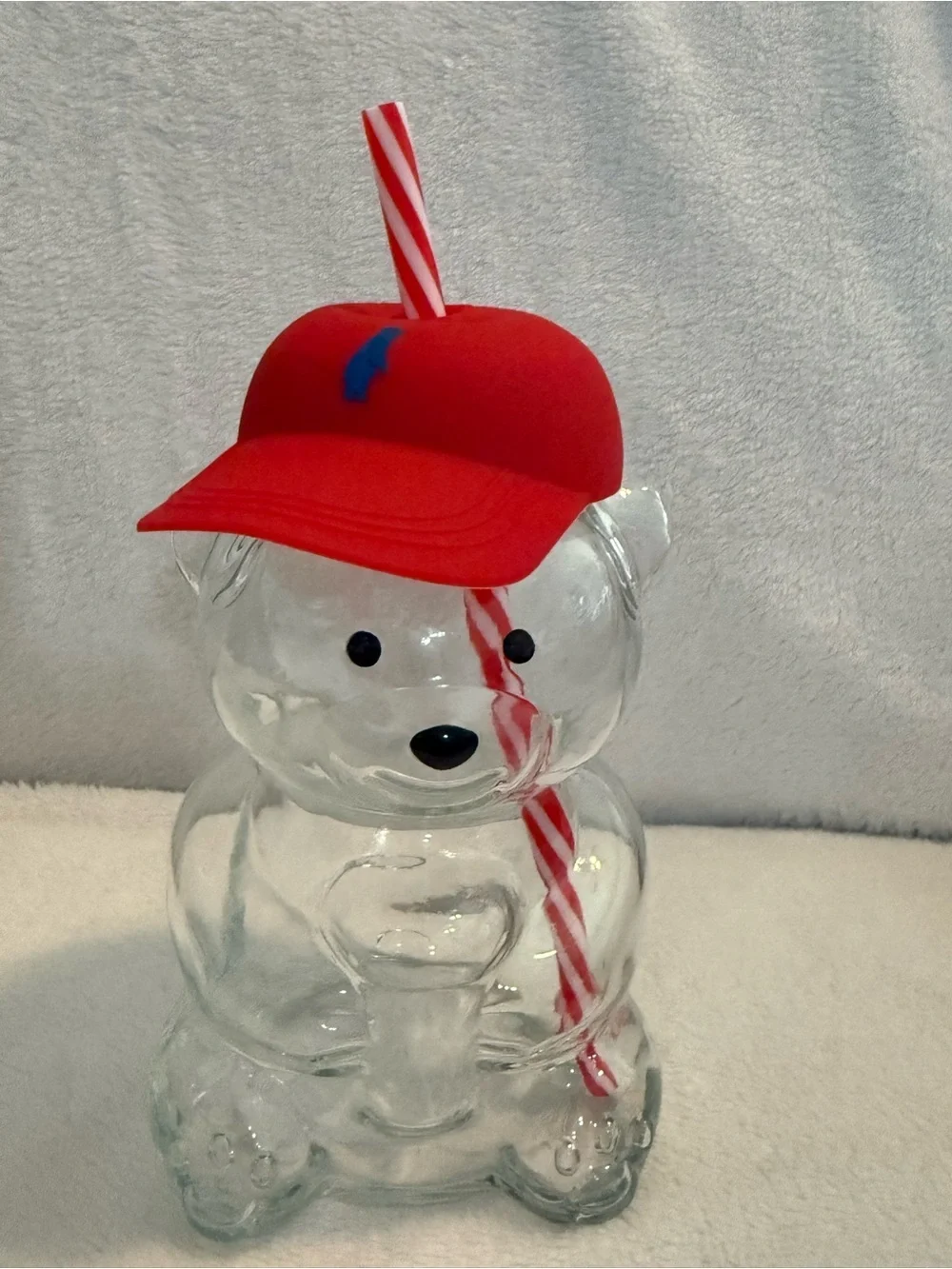 Teddy Bear 🧸 Shaped Glass 20 Oz Tumbler with Red Cap and Striped Straw